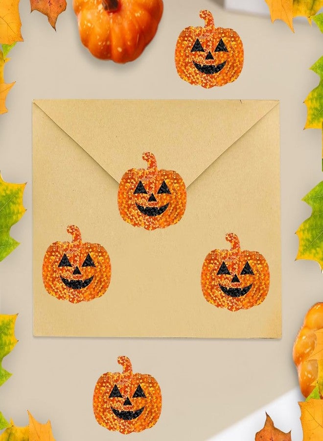 Hrnsnails 500Pcs Halloween Pumpkin Stickers Roll - Laser Pumpkin Face Shape Self-Adhesive Stickers,Orange Sparkly Waterproof Decals for Halloween Party Envelope Scrapbook Decor - Image 2